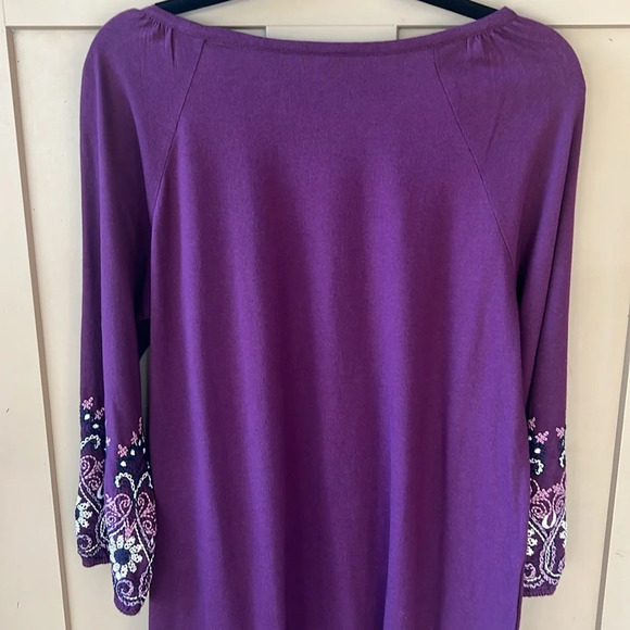 J. Jill Sz M Like New Dark Plumb Shift Midi Dress Embroidered Boho Long Sleeves - Picture 8 of 9